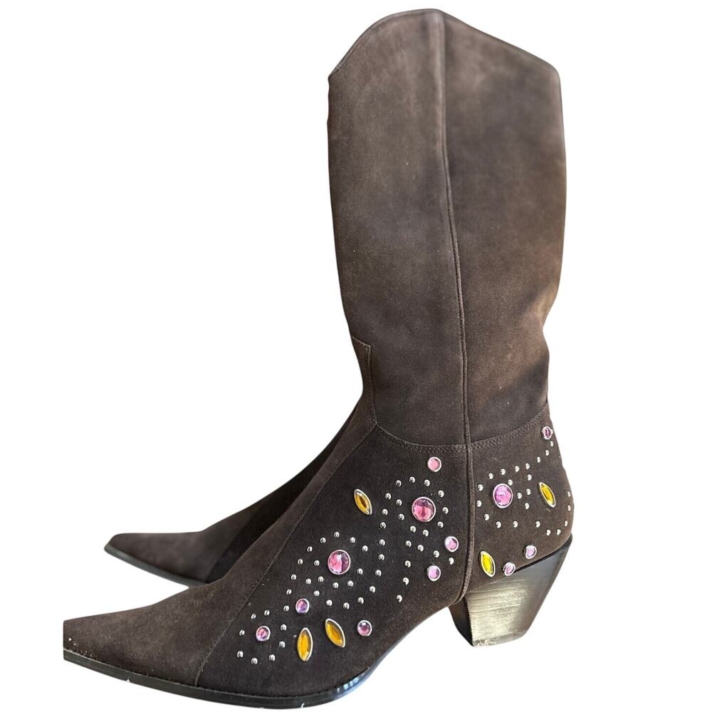Pazzo Sioux Chocolate Brown Suede Rhinestone Embellished Cowboy Boots - Picture 2 of 12